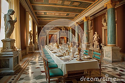 Grand Roman banquet in a lavish villa, with marble columns and statues, where guests recline on ornate couches and indulge in Cartoon Illustration