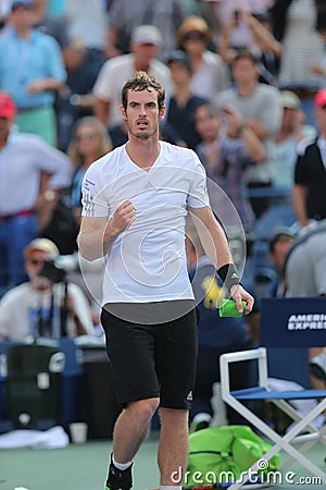 Grand Slam Champion Andy Murray celebrates victory after fourth round match at US Open 2014 Editorial Stock Photo