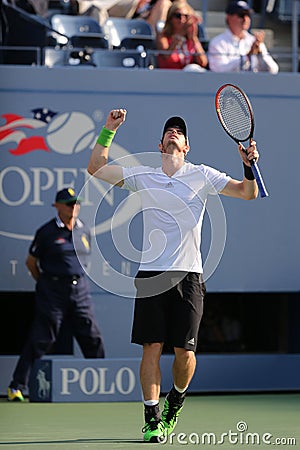 Grand Slam Champion Andy Murray celebrates victory after fourth round match at US Open 2014 Editorial Stock Photo