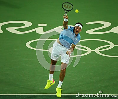 Grand Slam Champion Juan Martin Del Porto of Argentina in action during men`s singles first round match of the Rio 2016 Olympics Editorial Stock Photo