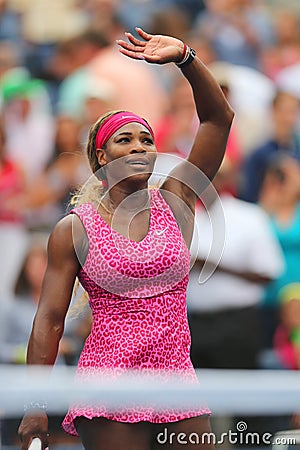 Grand Slam champion Serena Williams celebrates victory after fourth round match at US Open 2014 Editorial Stock Photo