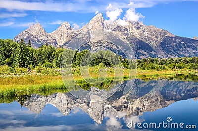 Grand Teton mountains landscape view with water reflection, USA Stock Photo