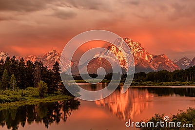 Mountains in Grand Teton National Park at sunrise. Oxbow Bend on the Snake River. Stock Photo