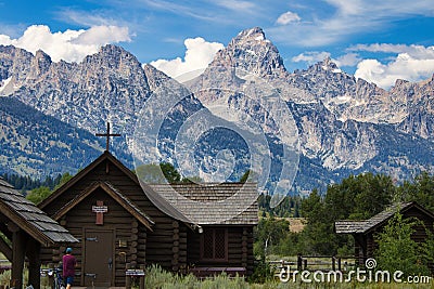 View of the Chapel of the Transfiguration in front of the Grand Teton mountain range Editorial Stock Photo