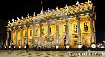 Grand Theatre in Place de Comedie illuminated at night, Bordeaux, France Editorial Stock Photo