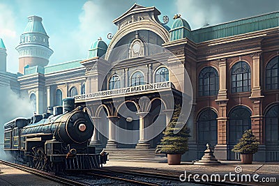 grand train station, with majestic columns and arches, with a steam locomotive in the background Stock Photo