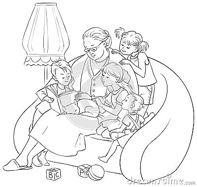 Grandchildren listening their grandmother reading a book fairy tales Vector Illustration