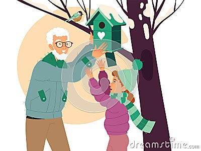 Granddad with Granddaughter Hanging Birdhouse on Tree as Ecology and Planet Care Vector Illustration Stock Photo