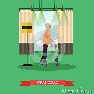 Granddad using walkers vector illustration in flat style. Vector Illustration