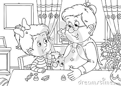 Granddaughter and grandma Cartoon Illustration