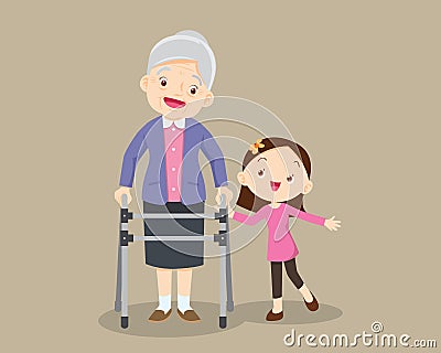 Granddaughter helps her grandmother to go to the walker Vector Illustration