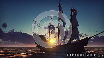 Grande nave medievale sul mare su un'alba La vecchia nave medievale naviga con garbo nel mare aperto Realistico avvolto illustrazione vettoriale Grande nave medievale sul mare su un'alba La vecchia nave medievale naviga con garbo nel mare aperto Realistico avvolto illustrazione vettoriale