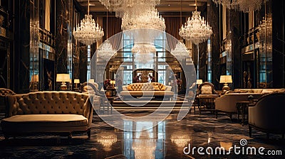 grandeur blurred hotel lobby interior Cartoon Illustration