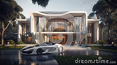 Grandeur and Speed: Luxury House and Bright-Light Supercar Stock Photo