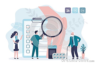 Grandfather with arthritis or osteoporosis sought help from specialists. Rheumatologist with magnifying glass examines patient Vector Illustration