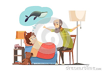 Grandfather Bedtime Story Cartoon Poster Vector Illustration