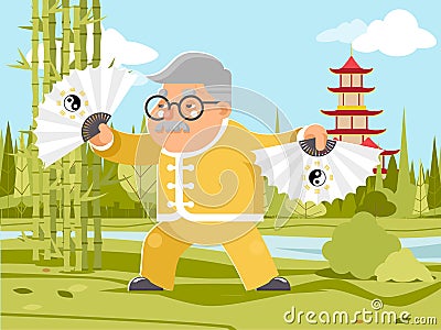 Grandfather fan chinese wushu kungfu taichi fitness china healthy activities adult old age man asian character cartoon Vector Illustration