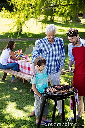 Grandfather, father and son barbequing in the park Stock Photo