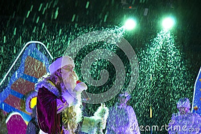 Grandfather Frost in the rays of light fixtures. Pyatigorsk, Russia Editorial Stock Photo