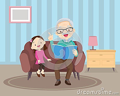 Grandfather with grandchildren girl reading on sofa Vector Illustration