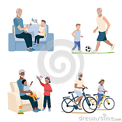 Happy grandfather playing football with his grandson Vector Illustration