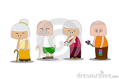 Grandfather and Grandma wear Thai dress. Going to make merit to the temple. concept of activities elderly people set. Vector Illustration