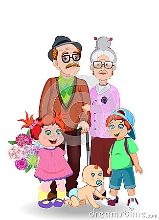 Grandfather, grandmother, granddaughter, grandson and baby together Vector Illustration