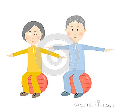 Grandfather and grandmother riding a balance ball Vector Illustration