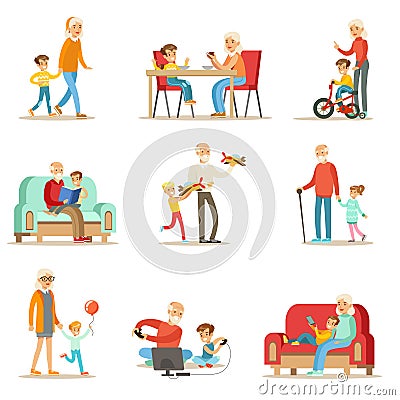 Grandfather And Grandmother Spending Time Playing With Grandchildren, Small Boys And Girls With Their Grandparents Set Vector Illustration