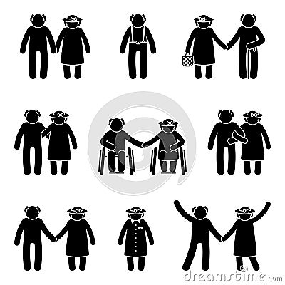 Grandfather and grandmother stick figure couple holding hands, cuddling icon silhouette pictogram vector illustration Vector Illustration