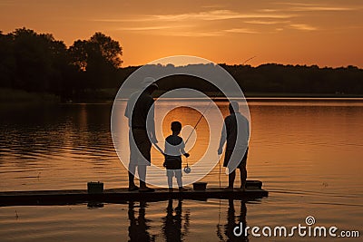 Grandfather grandson fishing sunset. Generate Ai Stock Photo