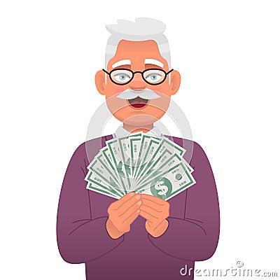 Grandfather is happy to win the lottery. A handsome old gray-haired man with money in his hands. An elderly man holds dollar bills Vector Illustration