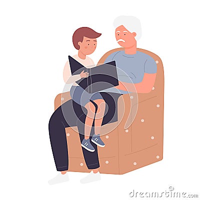 Grandfather with his grandson reading book in cozy armchair Vector Illustration