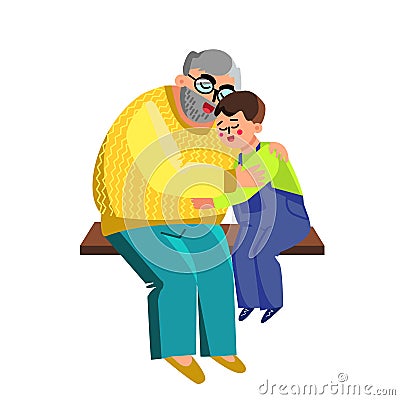 Grandfather Hugging Grandson On Branch Vector Illustration Vector Illustration