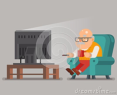Grandfather Old Man Watching TV Sit Armchair Cartoon Character Flat Design Vector Illustration Vector Illustration