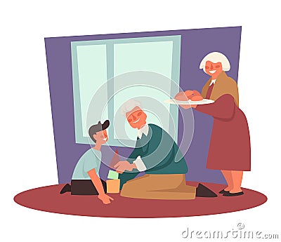 Grandfather playing with grandchild, grandmother with patties, grandparents Vector Illustration