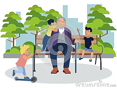 Grandfather playing with grandchildren in the park. In minimalist style Cartoon flat Vector Vector Illustration