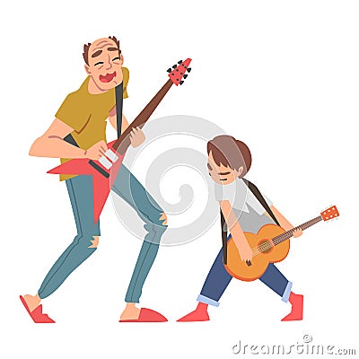 Grandfather Playing Guitars with His Grandson, Family Spending Good Time Together Cartoon Style Vector Illustration Vector Illustration