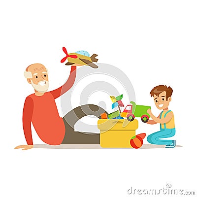 Grandfather Playing Toys With Boy, Part Of Grandparents Having Fun With Grandchildren Series Vector Illustration