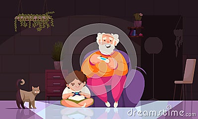 Grandfather Playing Video Games Vector Illustration