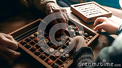 Grandfather playing wooden games with his grandson on a table. Generative ai Stock Photo