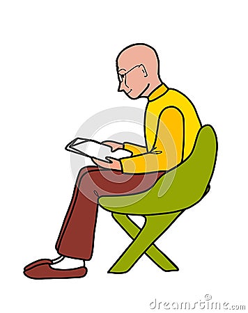 The grandfather in profile is sitting in a chair and reading a newspaper. Vector Illustration