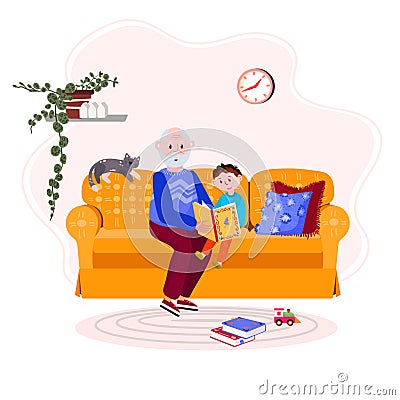 Grandfather is reading book grandson. Grandpa with grandkid is sitting on cozy sofa and read story. Happy Boy listens Vector Illustration