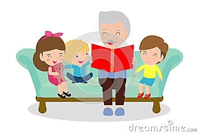 Grandfather reading fairy tales to his grandchildren, reading and telling book fairy tale story Vector Illustration