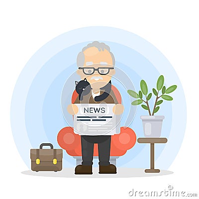 Grandfather reading news. Vector Illustration