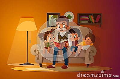 Grandfather sitting with grandchildren on a cozy sofa with the book, reading and telling book fairy tale story. Boys and Vector Illustration