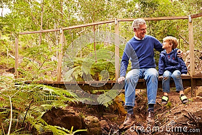 Grandfather sitting with grandson on a bridge in a forest Stock Photo