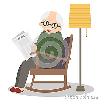 Grandfather sitting in rocking chair. Old man leisure time. Grandpa reading newspaper. Cute senior man at home. Vector Vector Illustration