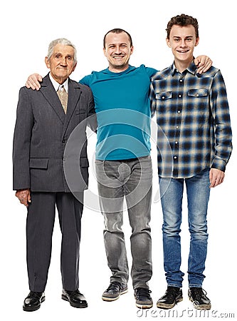 Grandfather, son and grandson isolated on white Stock Photo