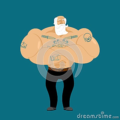Grandfather with tattoo. Hipster pensioner. Trendy Strong old ma Vector Illustration